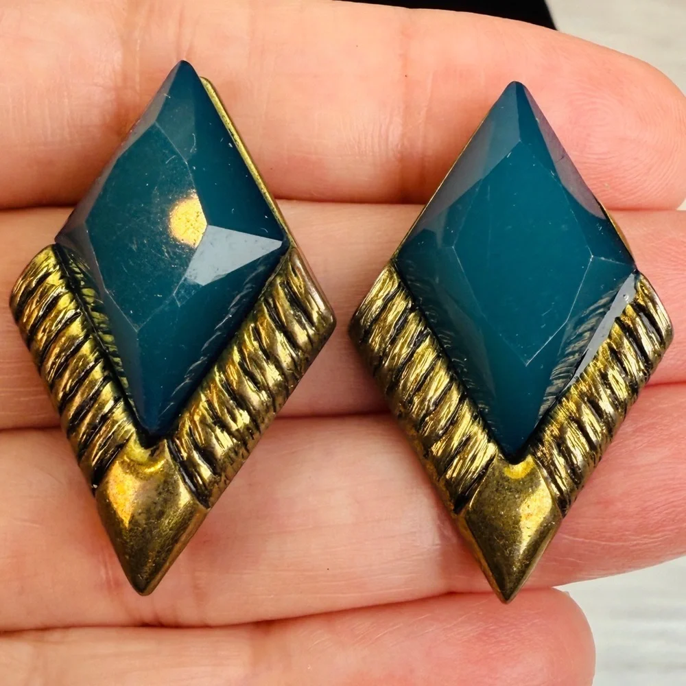 Vintage Teal Blue Aged Goldtone Geometric Pierced Earrings